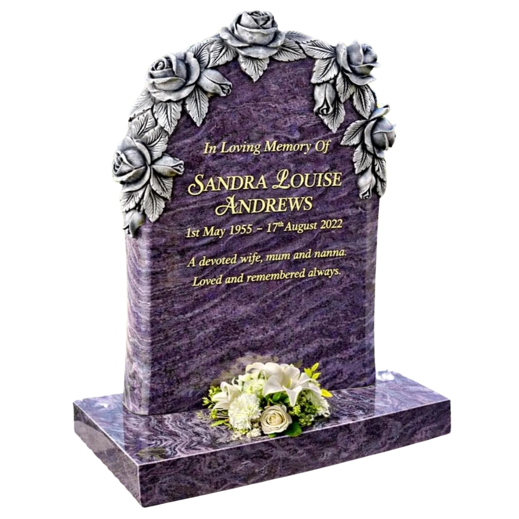 Bahama Blue bespoke granite headstone with rose design – The Heirloom by Churchill Memorials