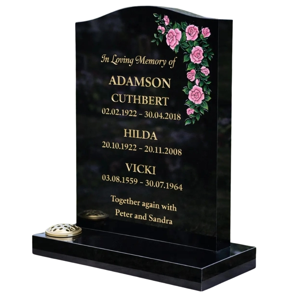 Black granite headstone with rose design – The Embrace by Churchill Memorials