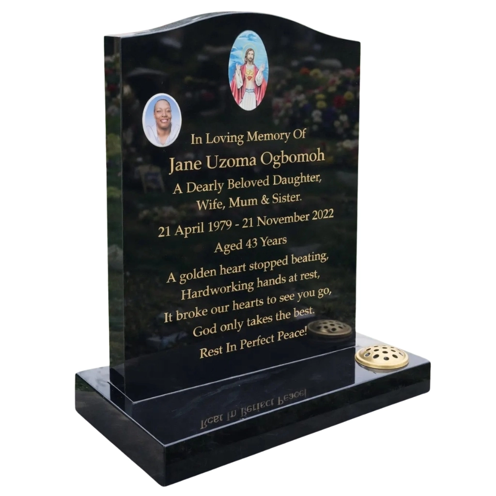 Black granite headstone with heart design – The Sacred Heart by Churchill Memorials