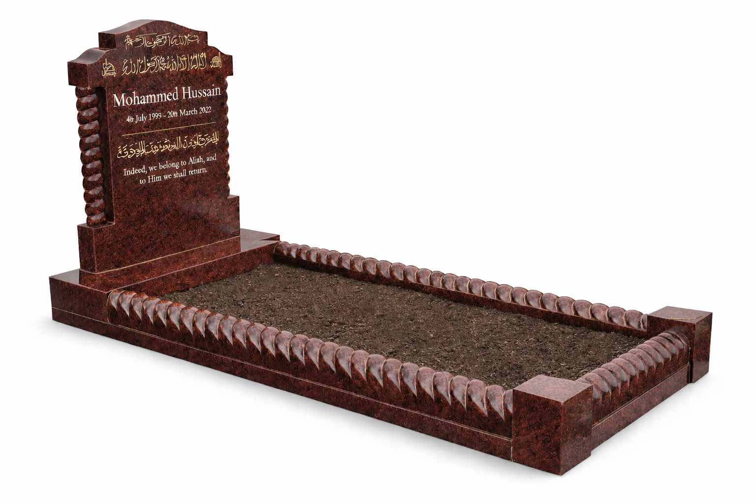 Pure Tranquillity Islamic kerb memorial in polished ruby red granite with Arabic and English inscriptions