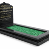 Sacred Peace Islamic kerb memorial in polished black granite with green glass chippings and Arabic calligraphy headstone