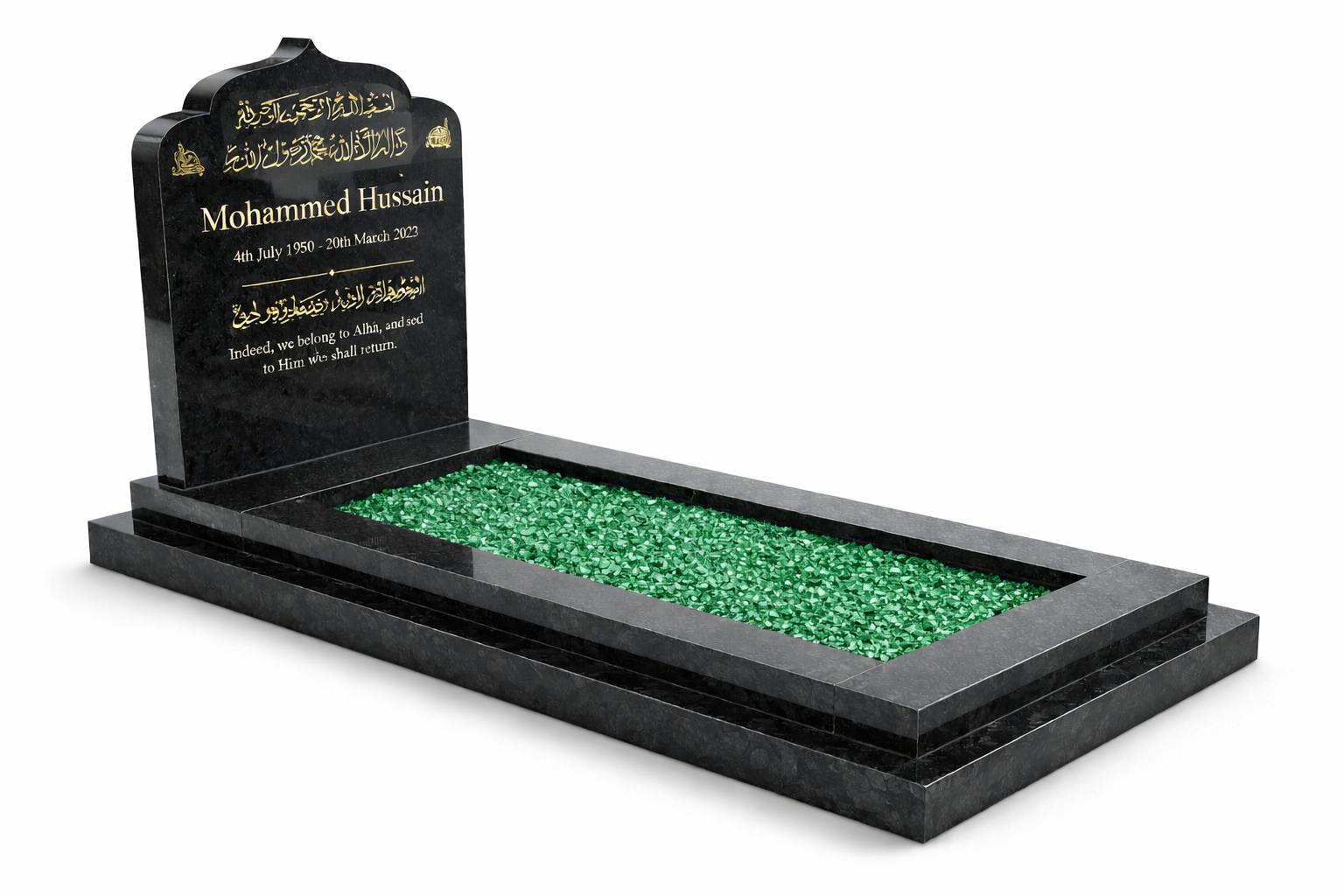 Sacred Peace Islamic kerb memorial in polished black granite with green glass chippings and Arabic calligraphy headstone