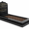 Sacred Peace Islamic kerb memorial in polished black granite with Arabic calligraphy headstone
