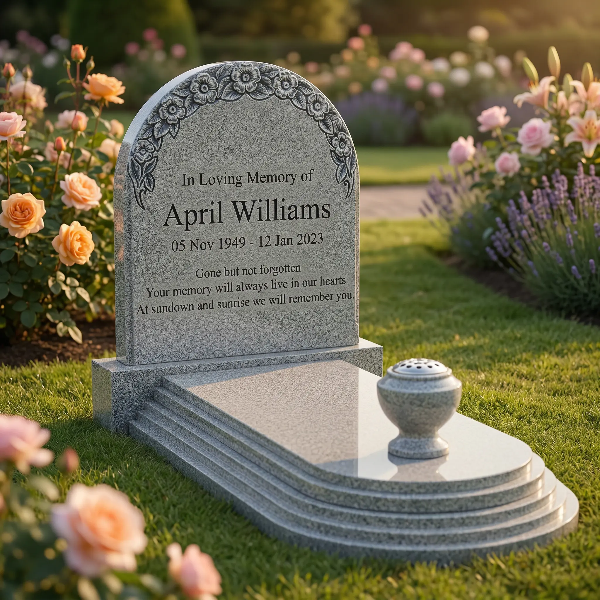 Granite kerb set headstone with full length kerb surround and carved floral detail