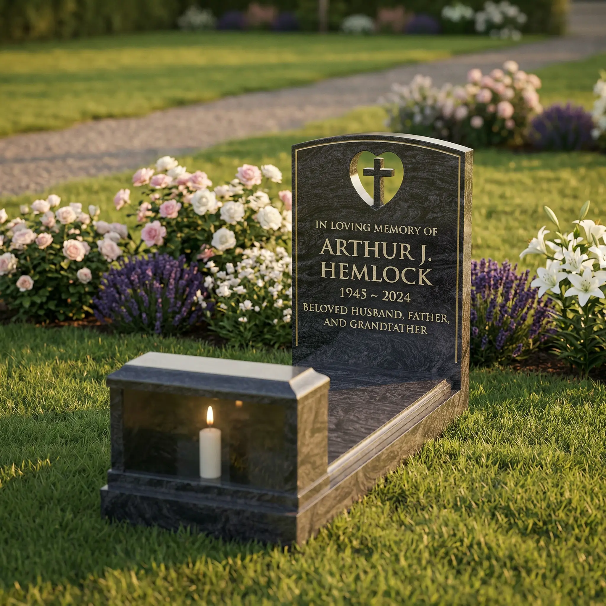 Bahama blue granite kerb set headstone with heart and cross detail and candle box