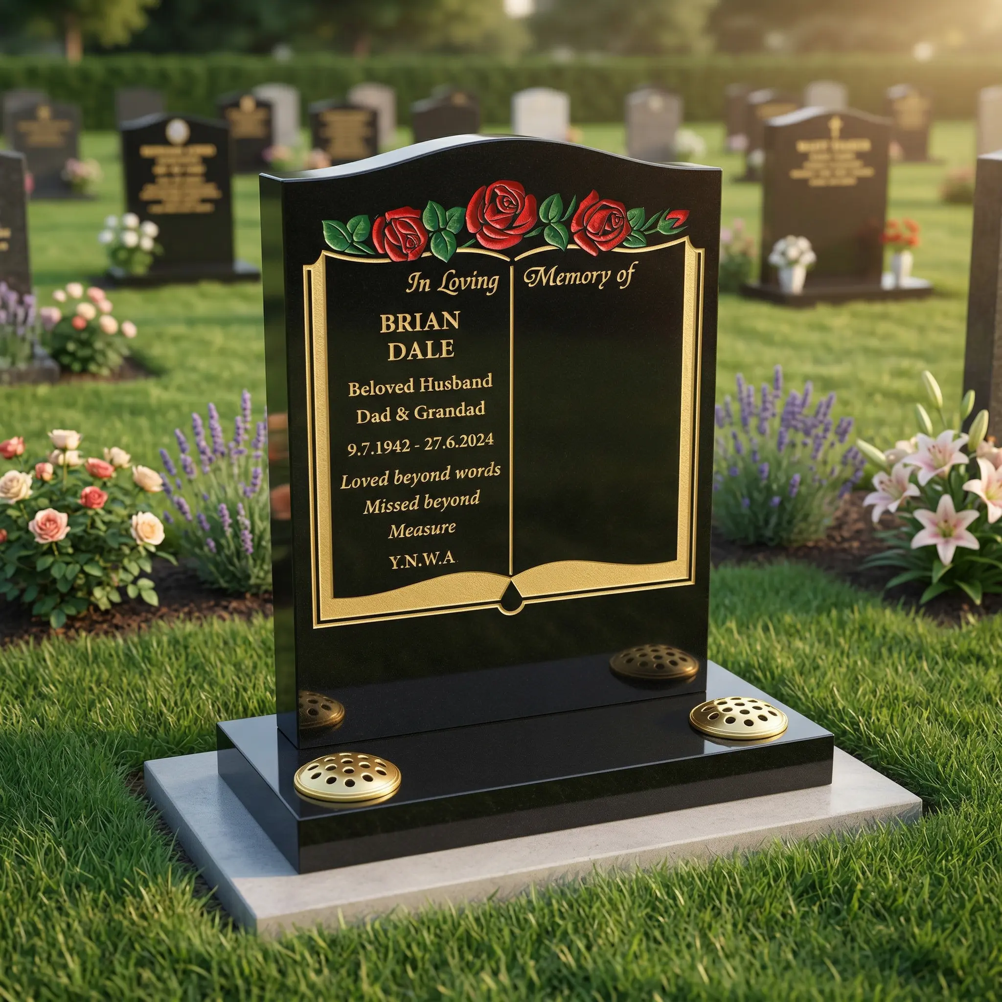 Black granite book headstone with rose design and gold lettering in cemetery setting