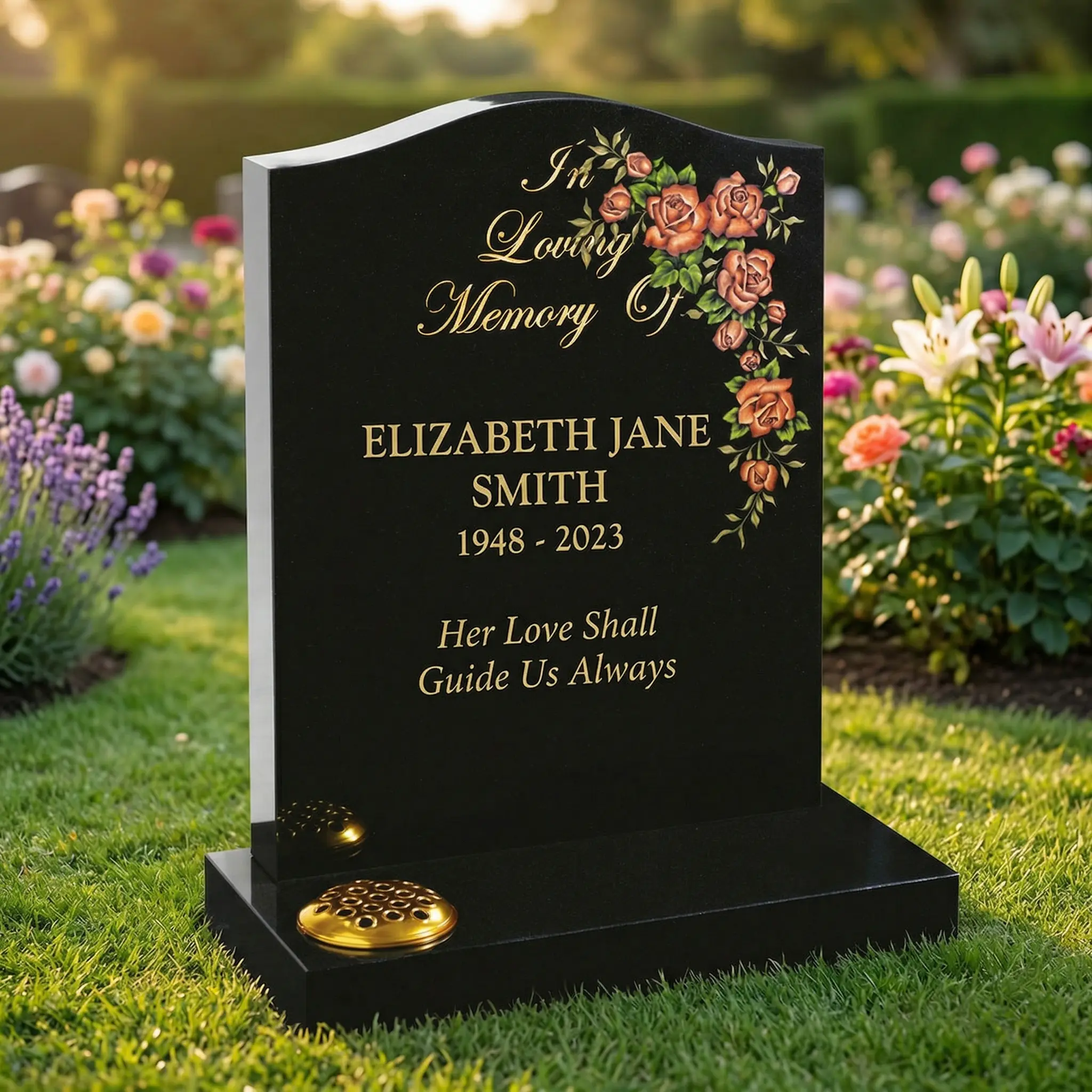 Black granite headstone with hand-painted roses and gold lettering in a peaceful cemetery garden setting