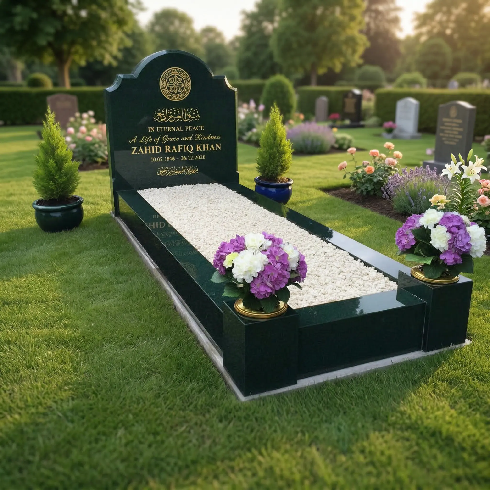 Islamic granite kerb set headstone with Arabic inscription for Muslim grave